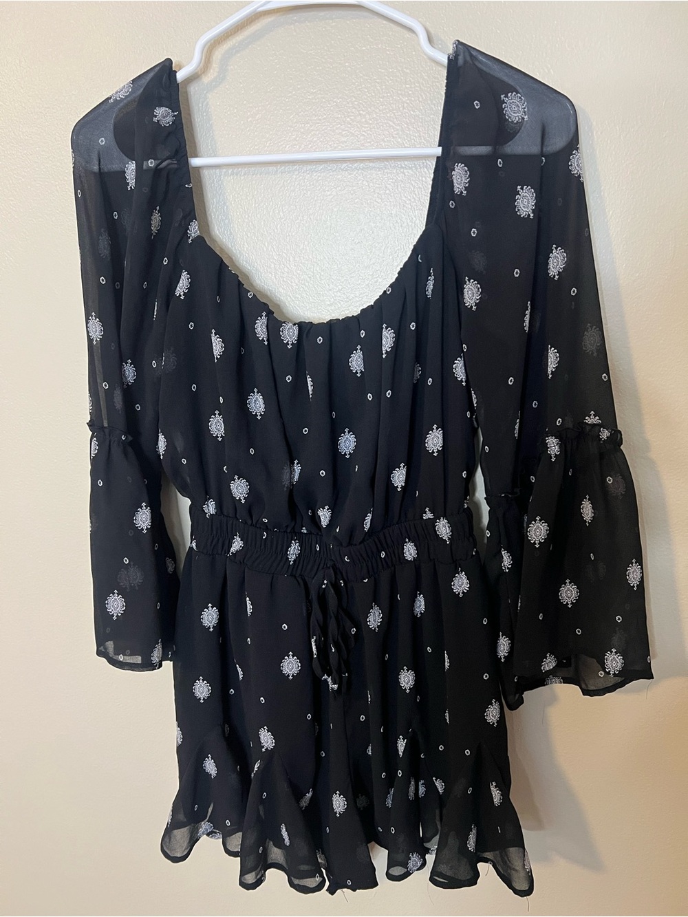 Mi Ami Black Chiffon Square Neckline Dress With White Pattern